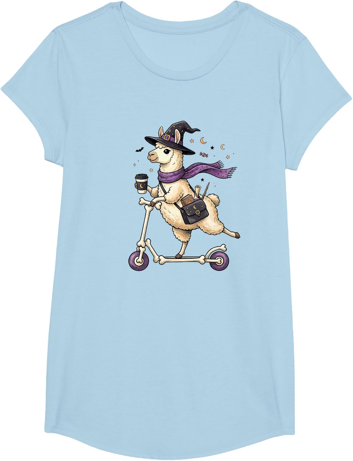 Llama Scooter Witch Halloween Kids Mens Womens T-Shirt - Girls Baby Blue