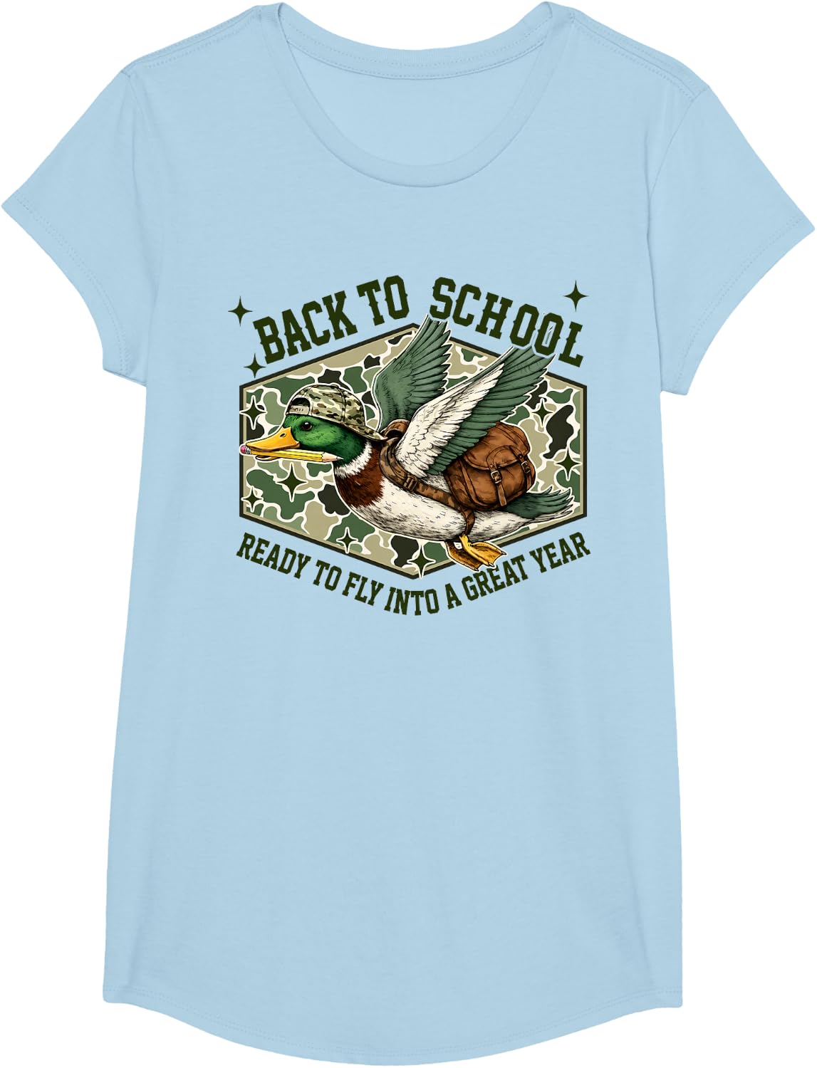 Back to School Ready to Fly Into A Great Year Camo Duck Kids T-Shirt - Girls Baby Blue