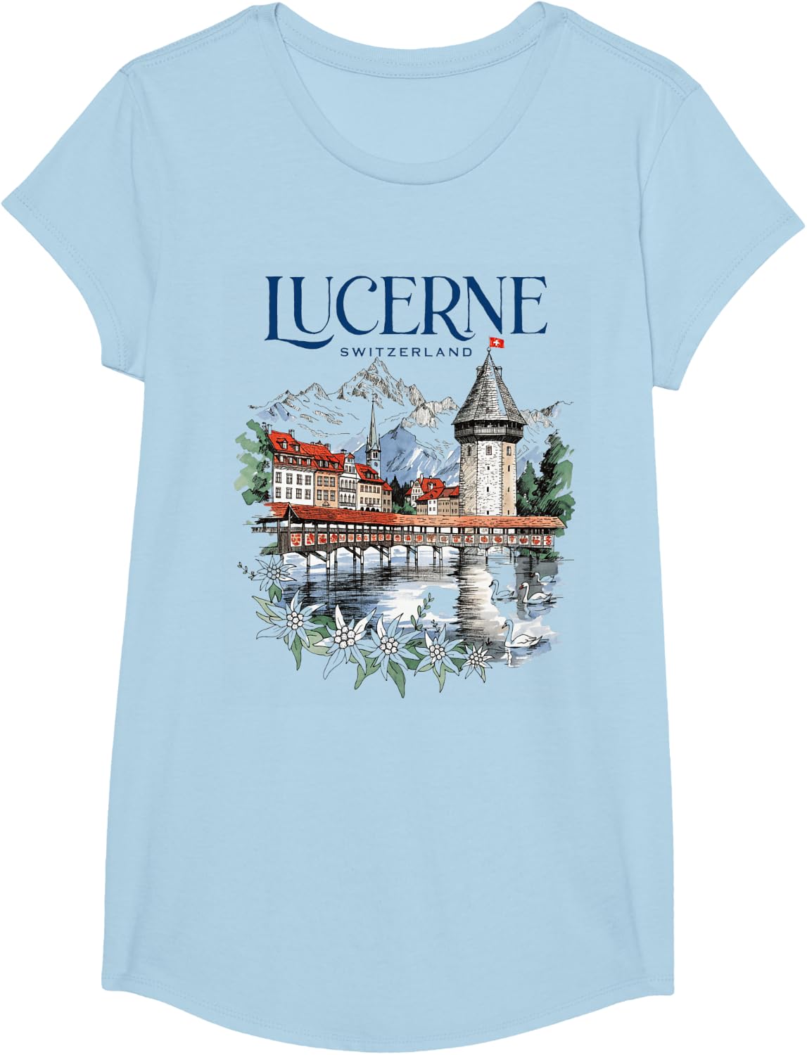 Lucerne Switzerland Vintage Chapel Bridge Art Swiss Alp T-Shirt - Girls Baby Blue