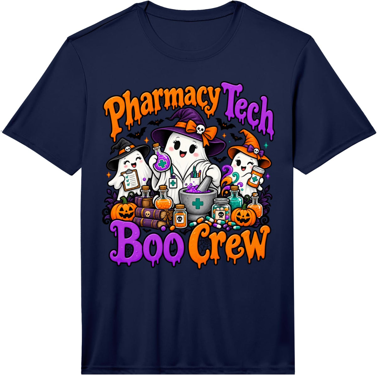 Pharmacy Tech Boo Crew Halloween Ghost Performance T-Shirt - Navy Blue