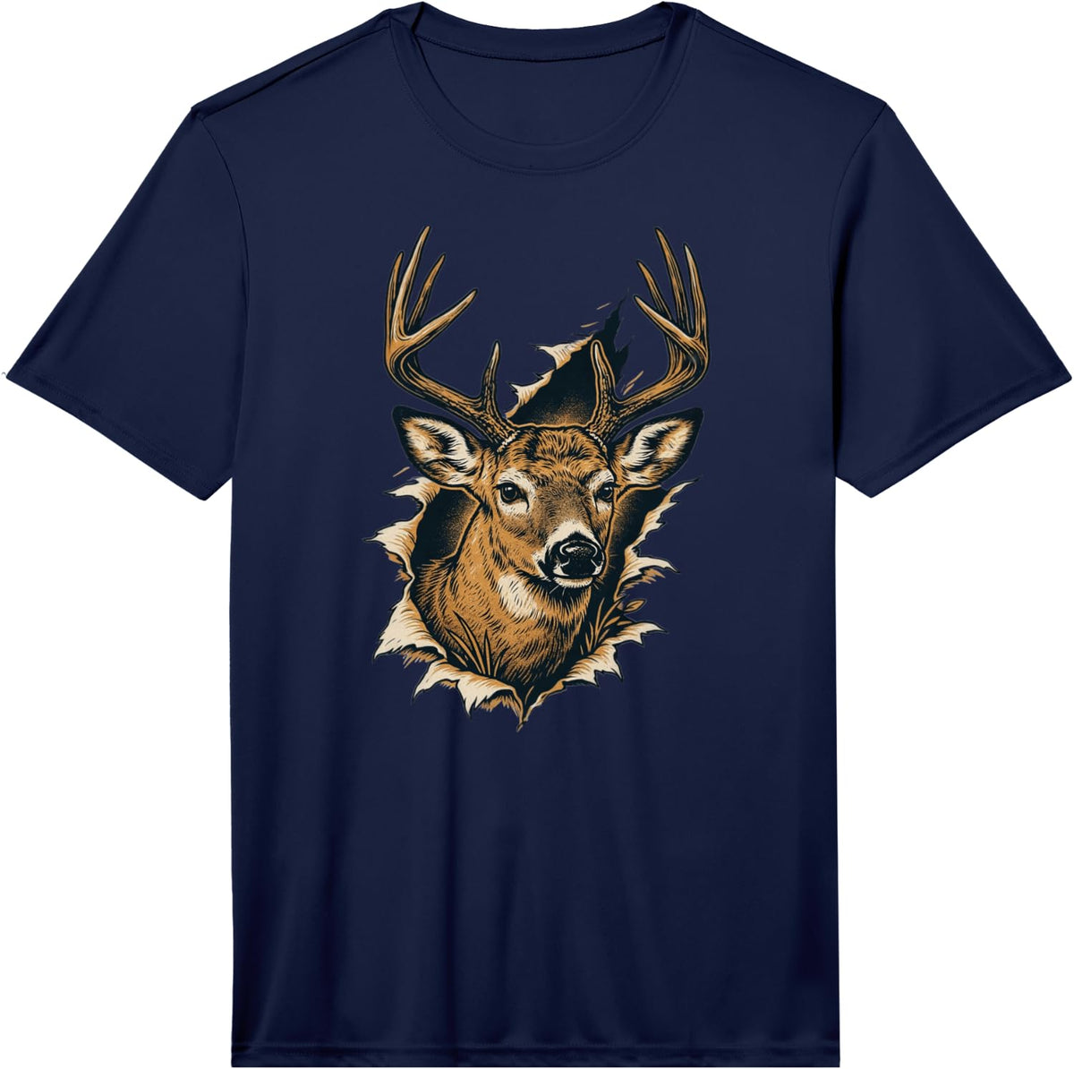 Whitetail Deer Buck Head Ripped Breakthrough Design Performance T-Shirt - Navy Blue