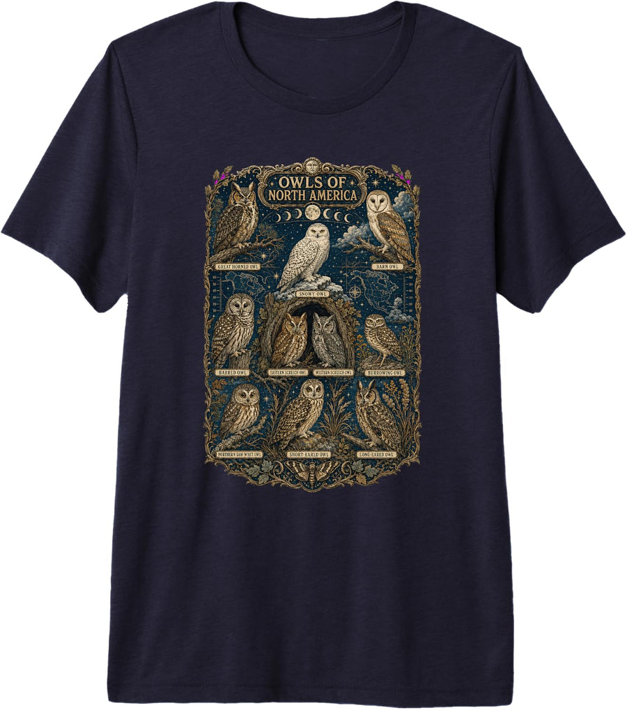 Owls North America Identification Birding Guide Premium Tri-Blend T-Shirt - Navy Blue