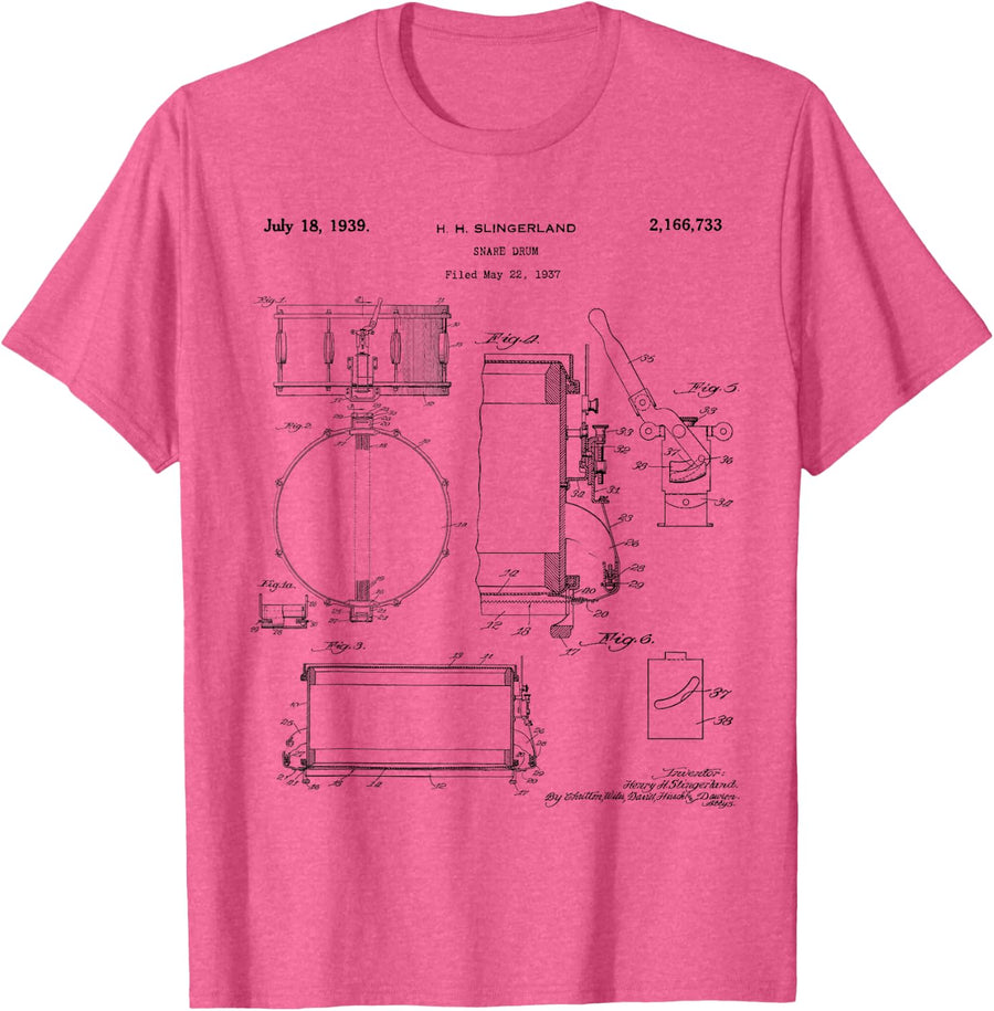 Snare Drum Patent Vintage Drawing Print T-Shirt - Pink Heather