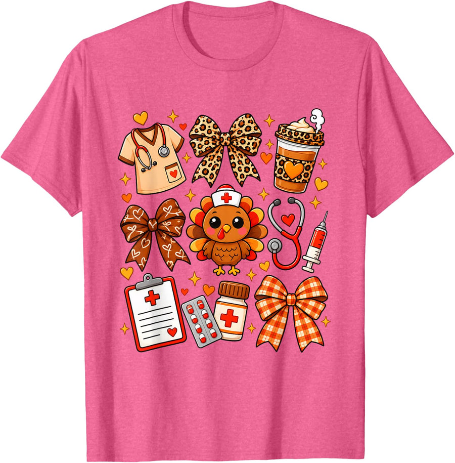 Thanksgiving Nurse Turkey Coquette Stethoscope RN Fall Humor T-Shirt - Pink Heather