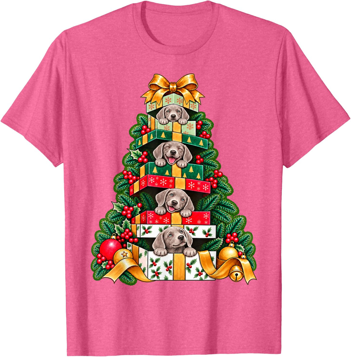 Weimaraner Stacked Wrapped Boxes Holiday Tree Surprise T-Shirt - Pink Heather