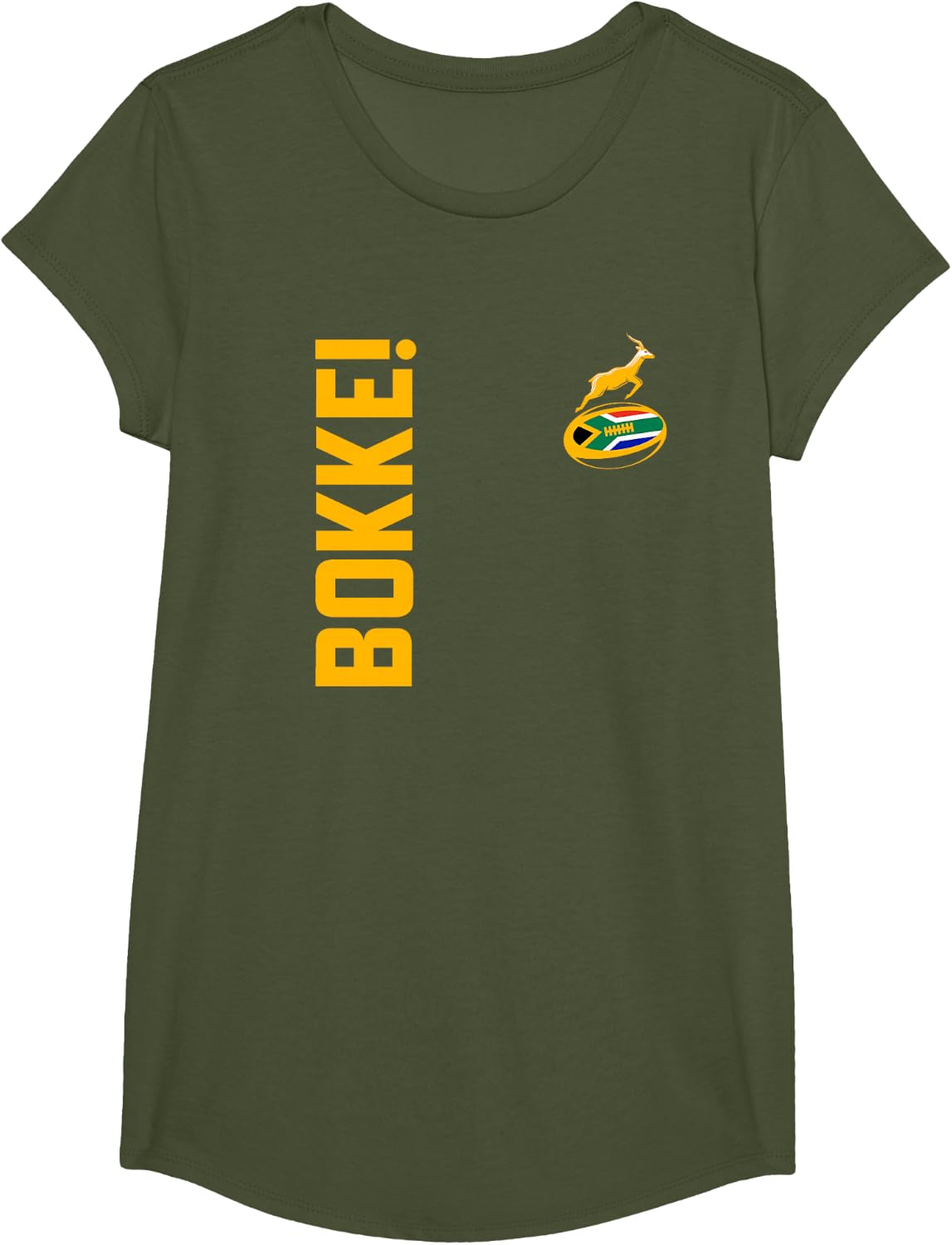 Springbok Rugby. Bokke, South African Flag. with Back Print T-Shirt - Girls Olive Green
