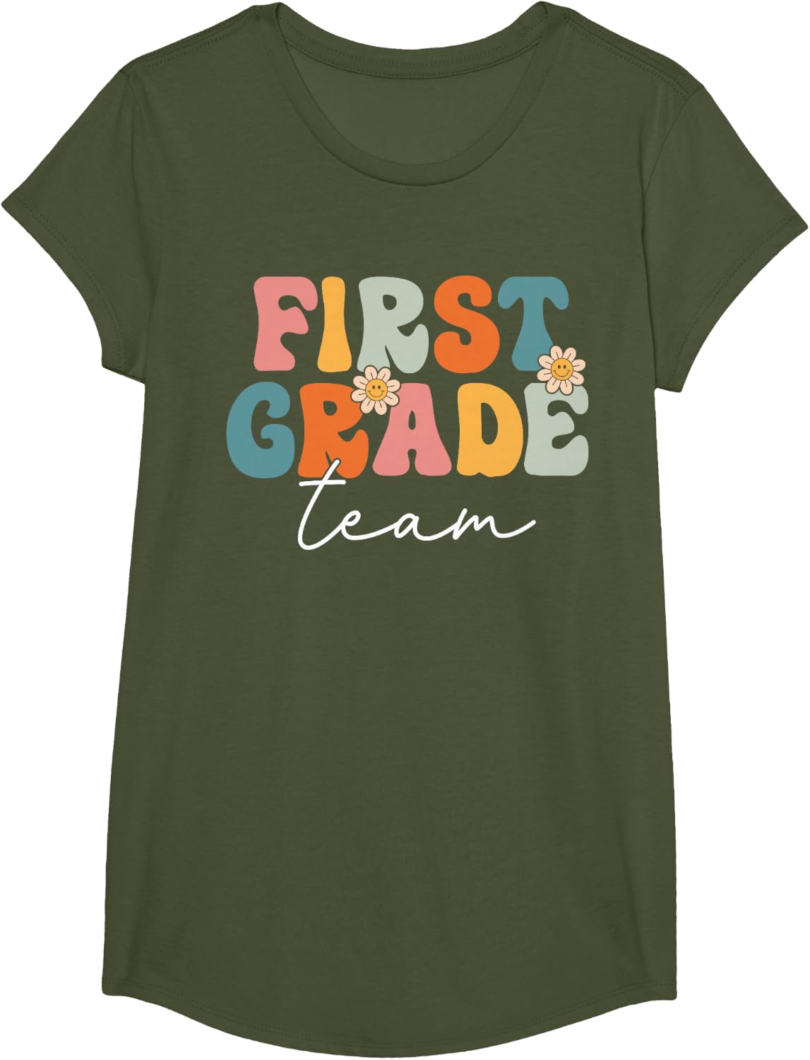 First Grade Team Retro Groovy Back To School 1st Grade T-Shirt - Girls Olive Green