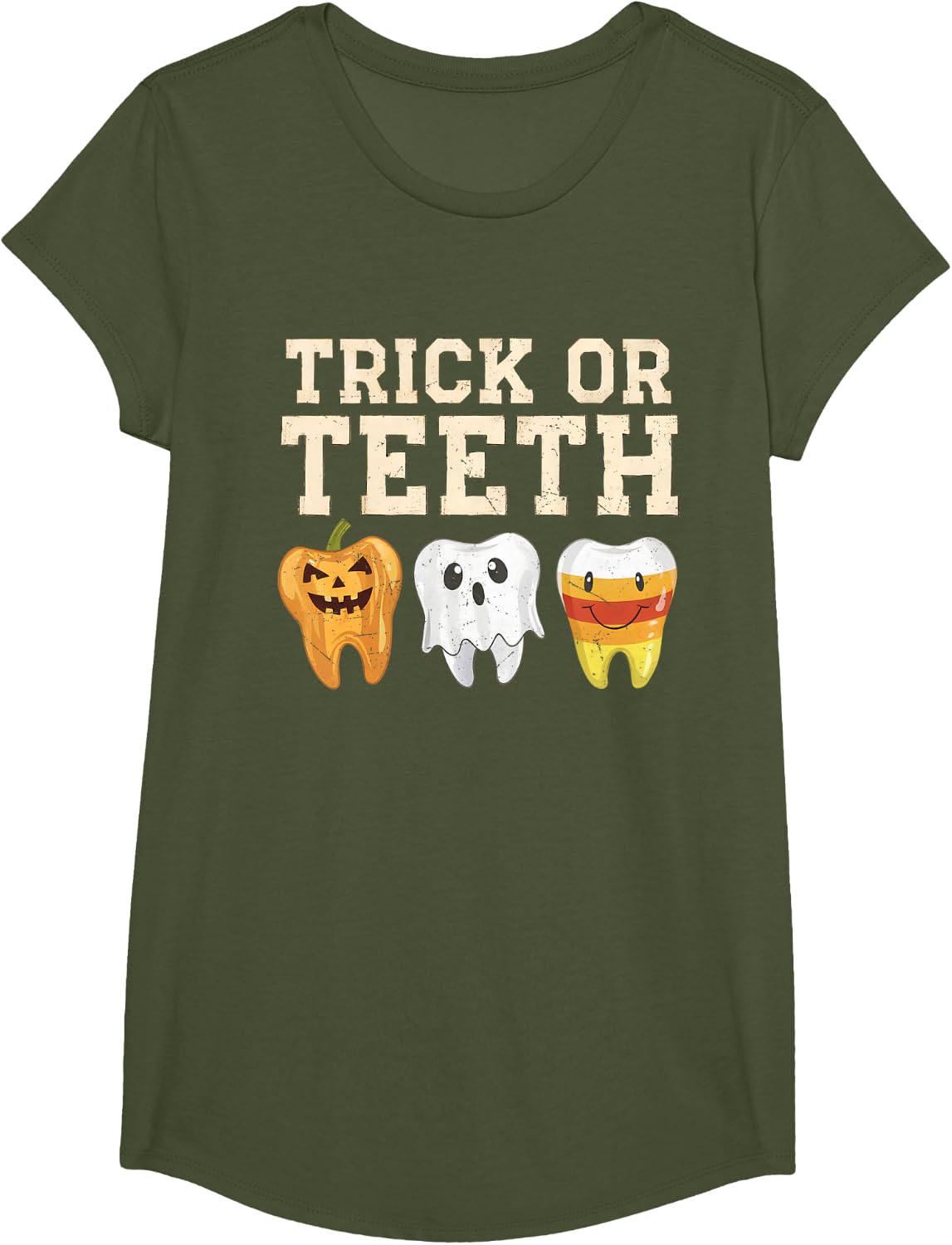 Trick Or Teeth Halloween Dental Crew Dentist Boys Girls Kids T-Shirt - Girls Olive Green
