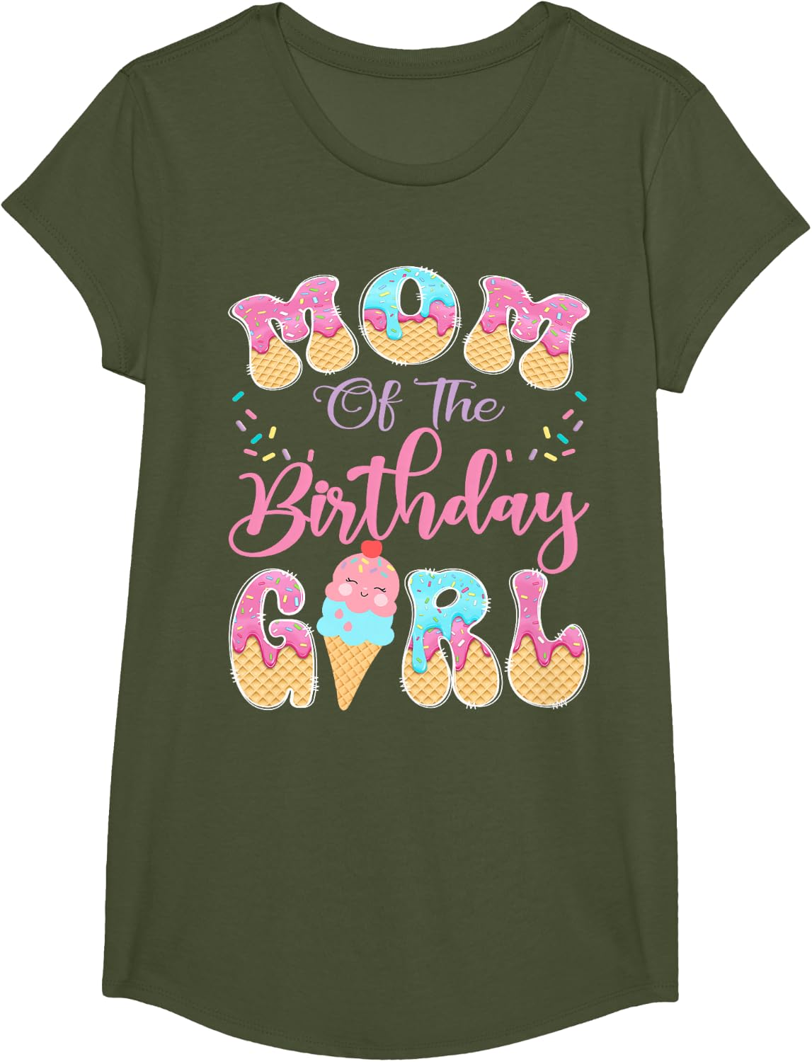 Mom of The Birthday Girl Sweet Ice Cream Drip Party T-Shirt - Girls Olive Green