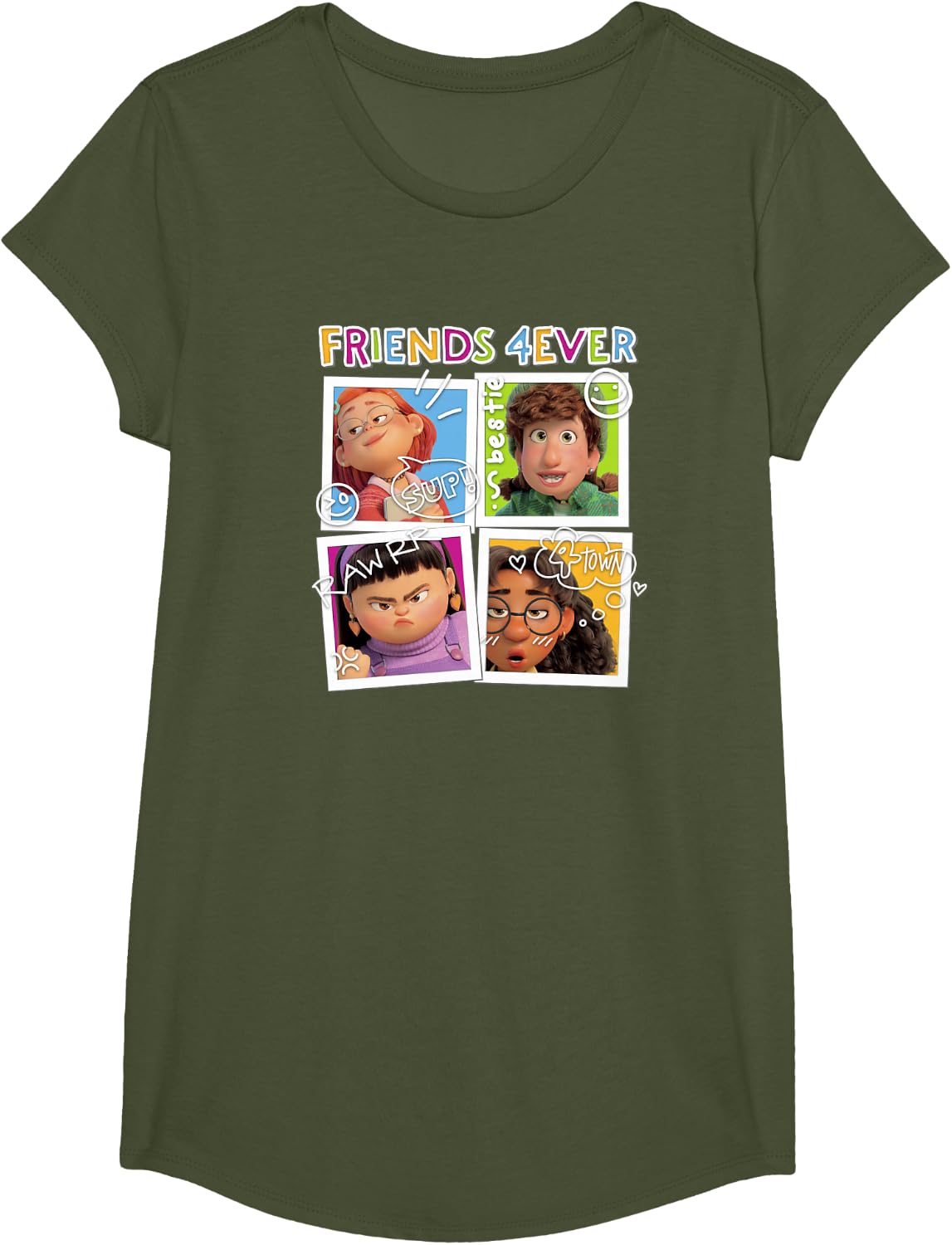 Disney Pixar Turning Red Group Shot Friends Forever T-Shirt - Girls Olive Green