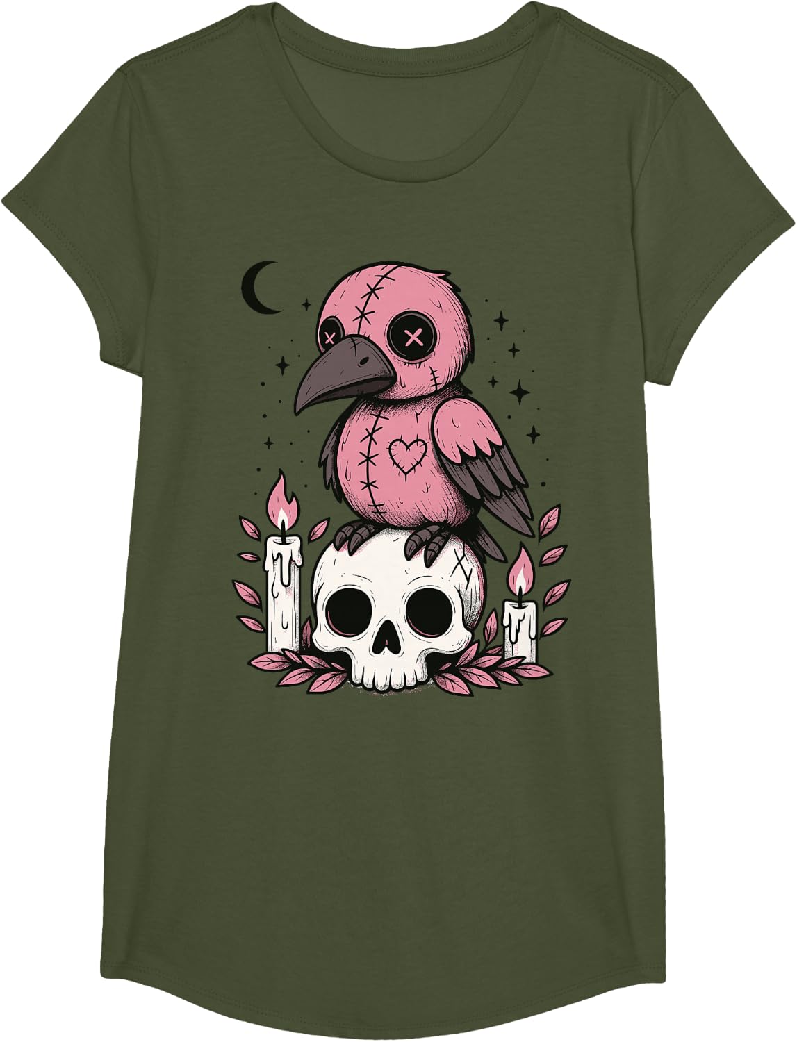 Creepy Cute Pastel Goth Crow Gothic Kawaii Raven Skull T-Shirt - Girls Olive Green