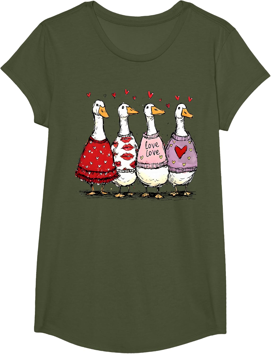 Funny Silly Goose Valentine Trendy Valentine's Day Men Women T-Shirt - Girls Olive Green