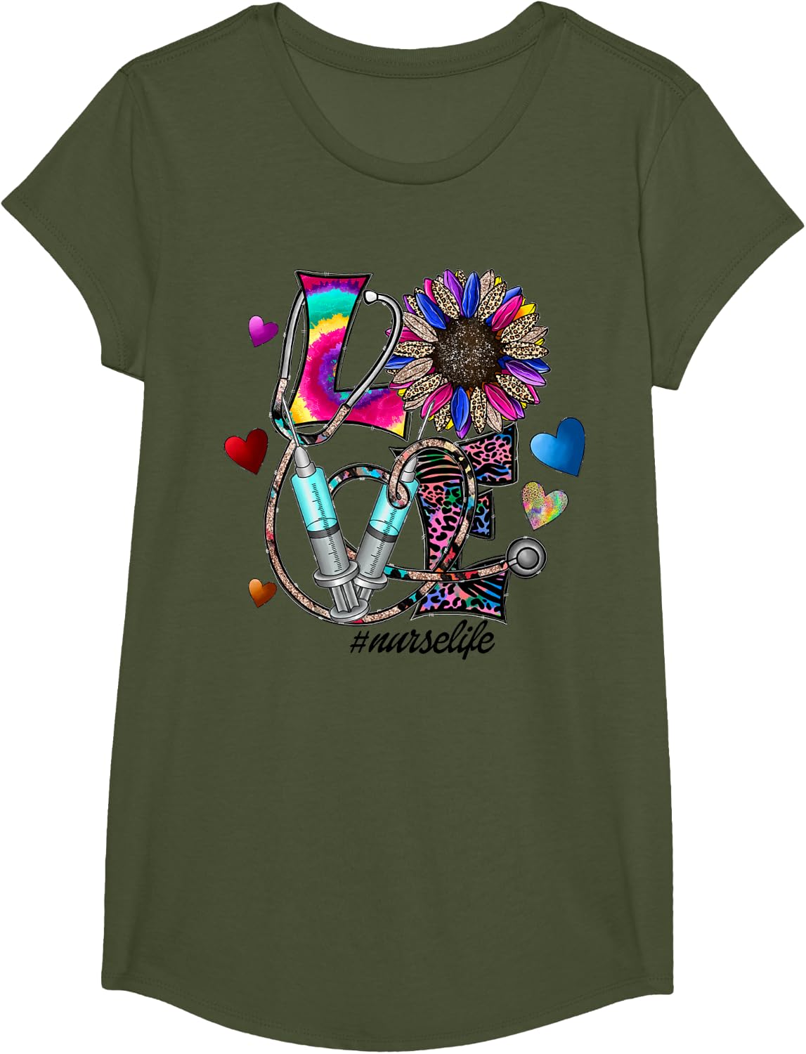 Nurse Life for Registered Nurse Leopard Tee Nurse Week T-Shirt - Girls Olive Green