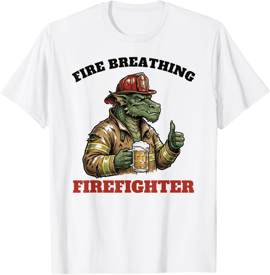 Fire Breathing Firefighter Funny Dragon Fireman Beer T-Shirt - White