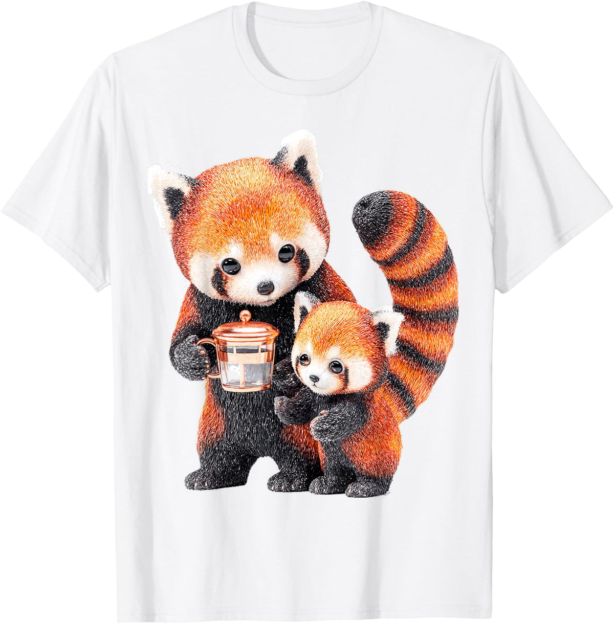 Red Panda Drinking Coffee Art T-Shirt - White