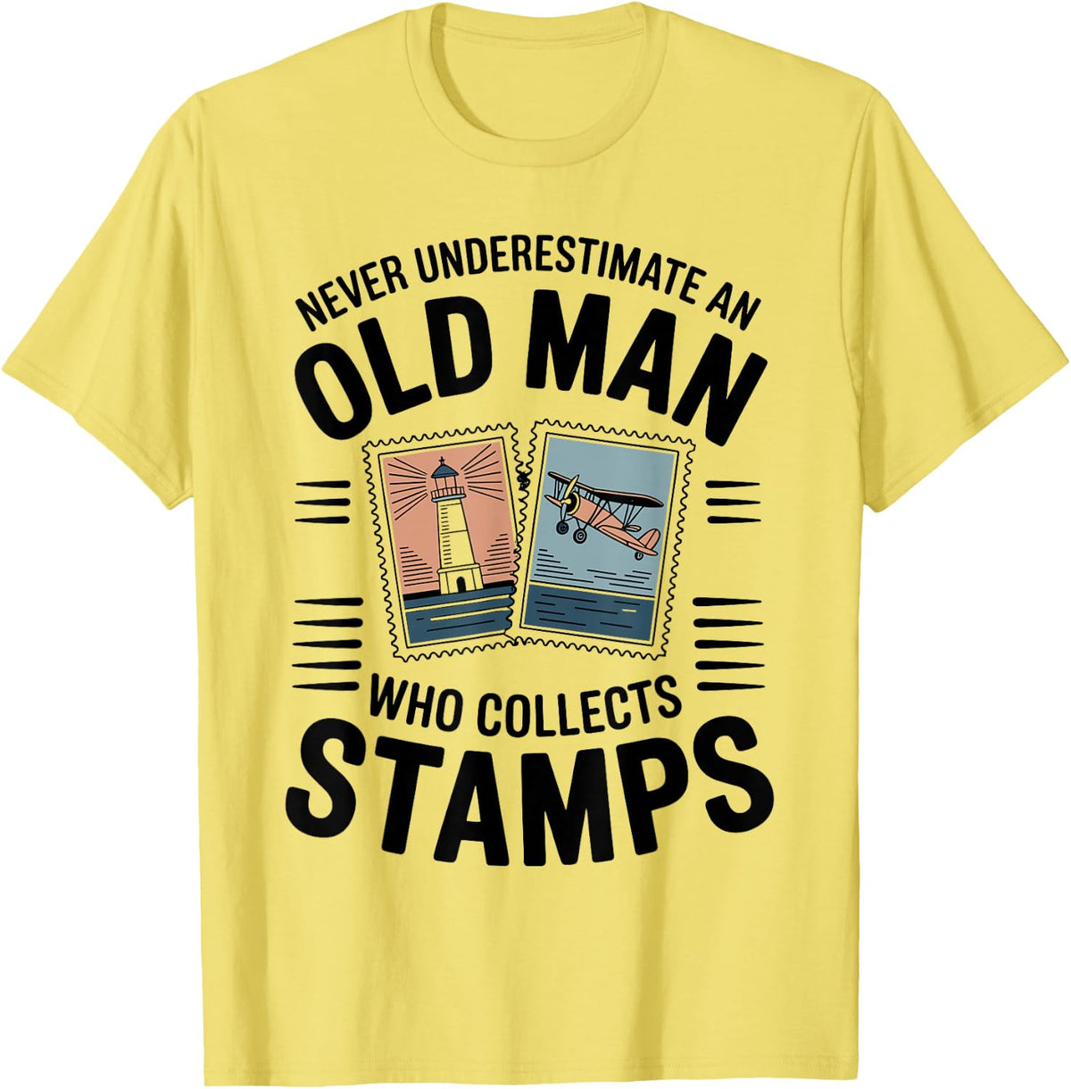 Funny Stamp Collecting Never Underestimate an Old Man T-Shirt - Lemon Yellow