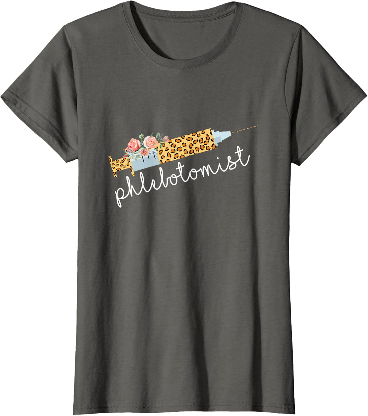 Leopard Needle Phlebotomist Lab Tech Nurse RN Vein Whisperer T-Shirt - Asphalt Grey