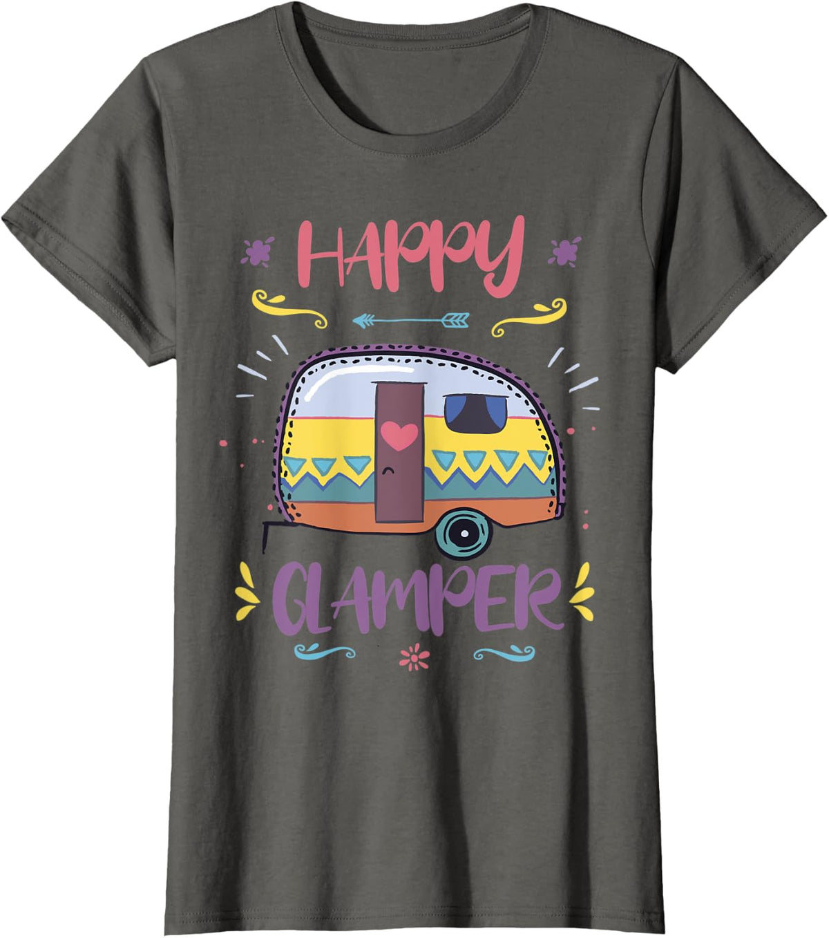 Womens Happy Glamper Camping Lover Girl Camper Camp Vacation TShirt T-Shirt - Asphalt Grey