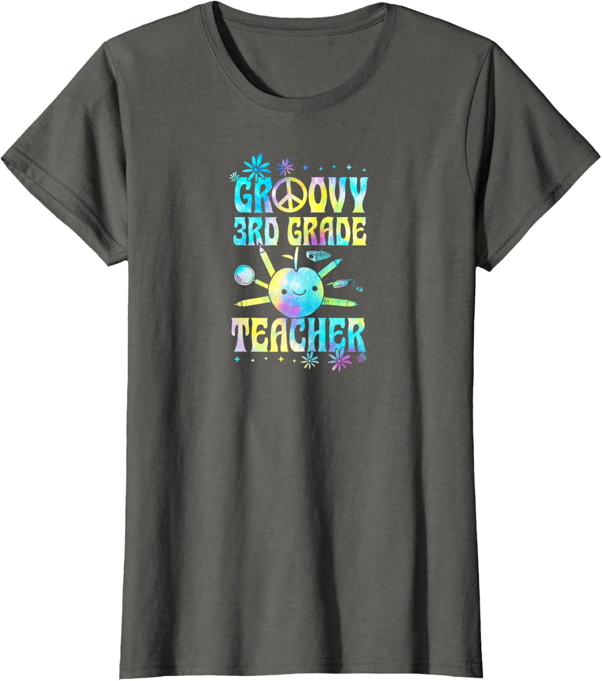 Groovy 3rd Grade Teacher 60s Throwback Day Peace Flower T-Shirt - Asphalt Grey
