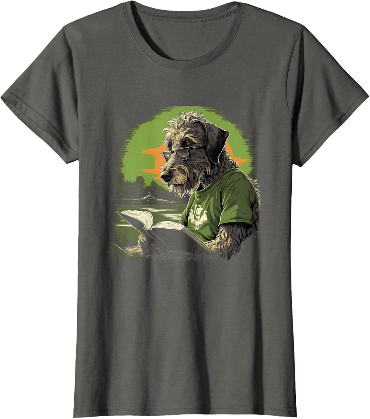 Outdoors Irish Wolfhound Dog Reading Book Men Women Kids T-Shirt - Asphalt Grey