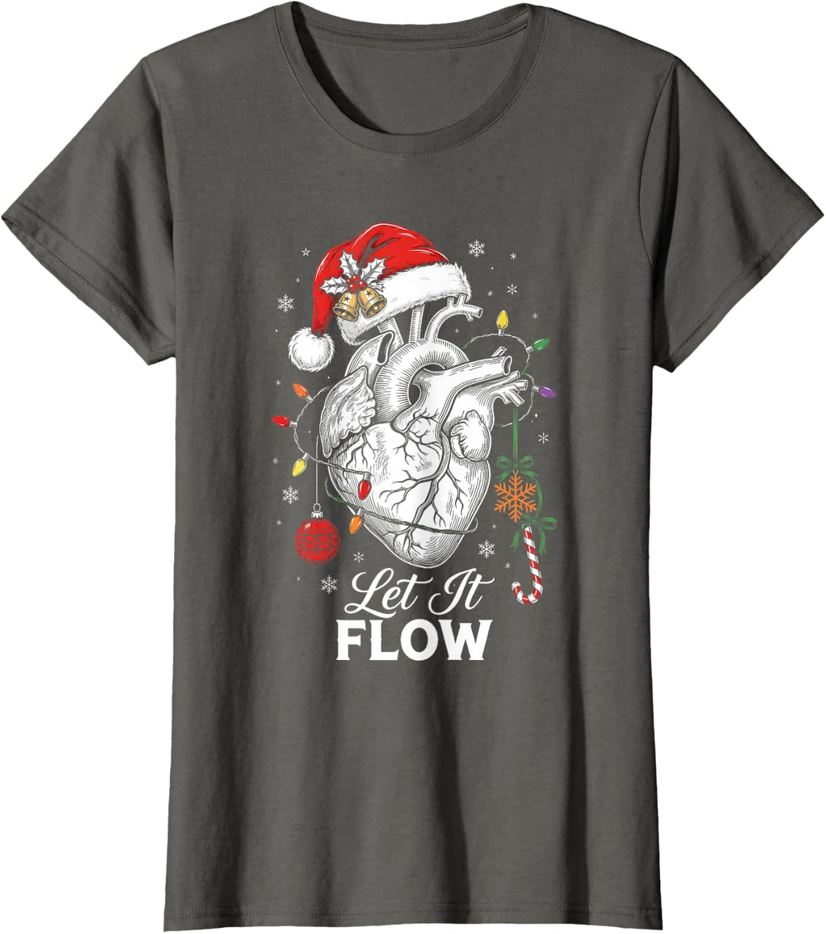 Let It Flow Cardiac Nurse Christmas Heart Santa T-Shirt - Asphalt Grey