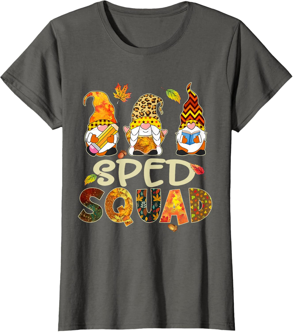 SPED Squad Gnome Leopard Thanksgiving Fall Teacher Kids T-Shirt - Asphalt Grey