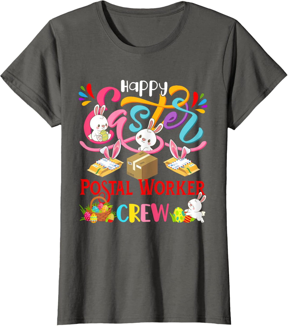 Happy Easter Postal Worker Crew Group Bunnies Hunting Eggs T-Shirt - Asphalt Grey
