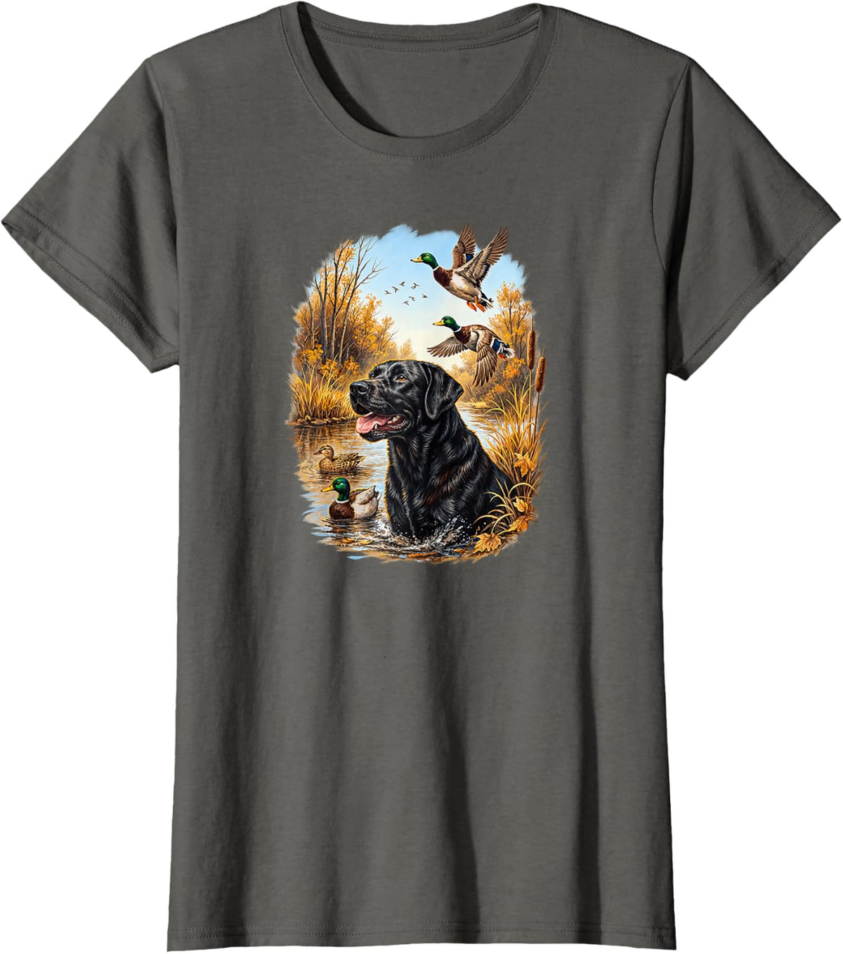 Black Lab Duck Hunting Dog Mallard Waterfowl Autumn T-Shirt - Asphalt Grey
