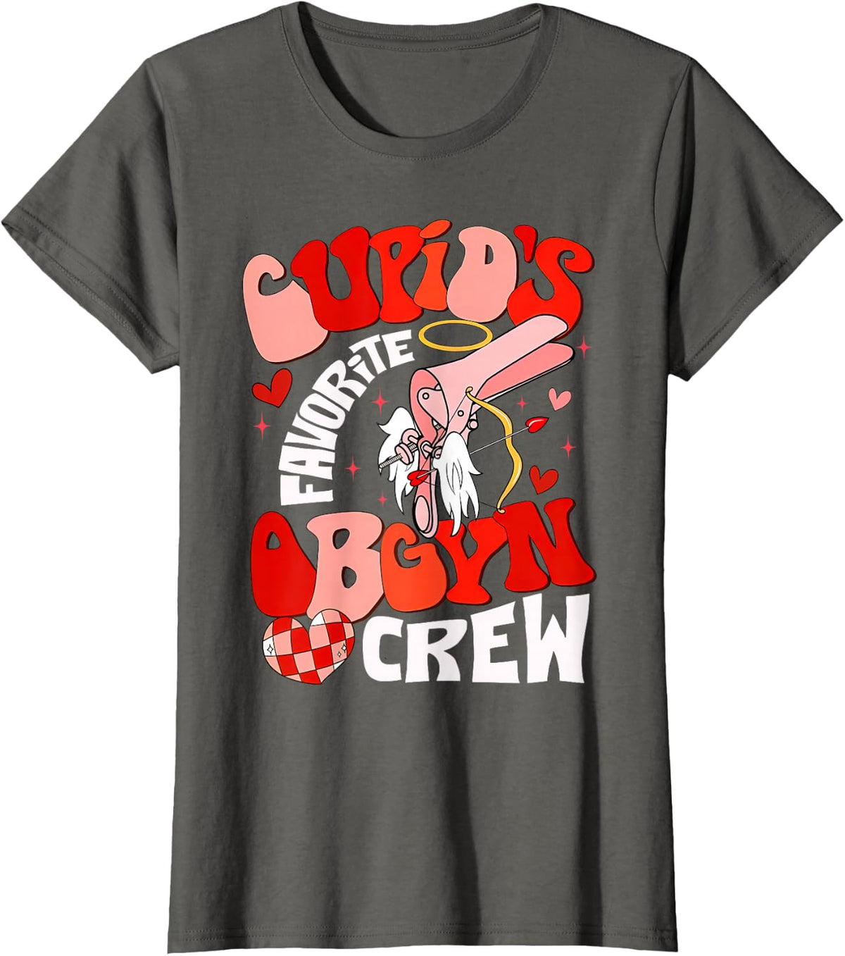 Cupid's Favorite OBGYN Crew Valentine's Day Labor Delivery T-Shirt - Asphalt Grey