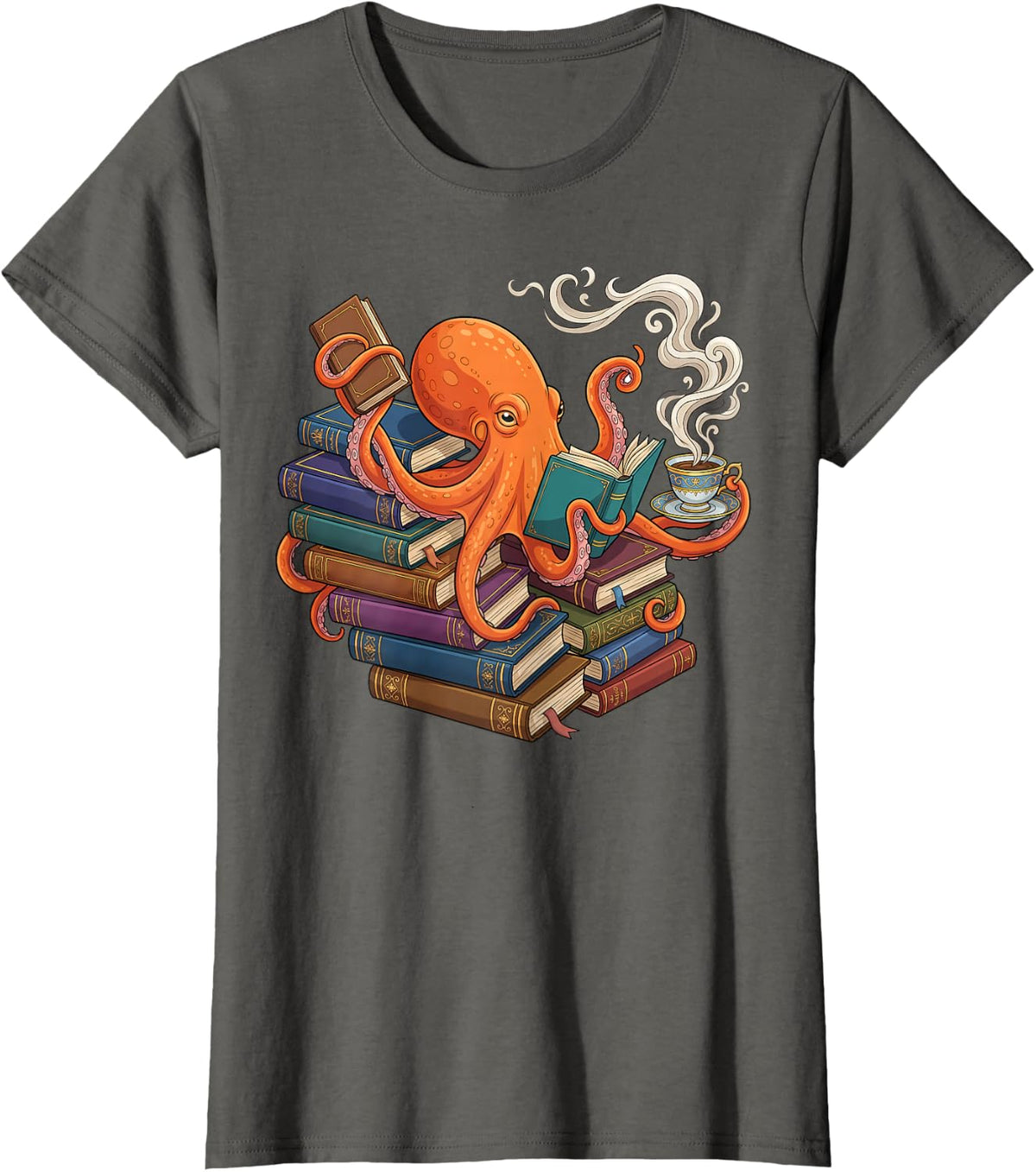 Octopus Reading Book Coffee Lover Bookaholic Bookworm Reader T-Shirt - Asphalt Grey