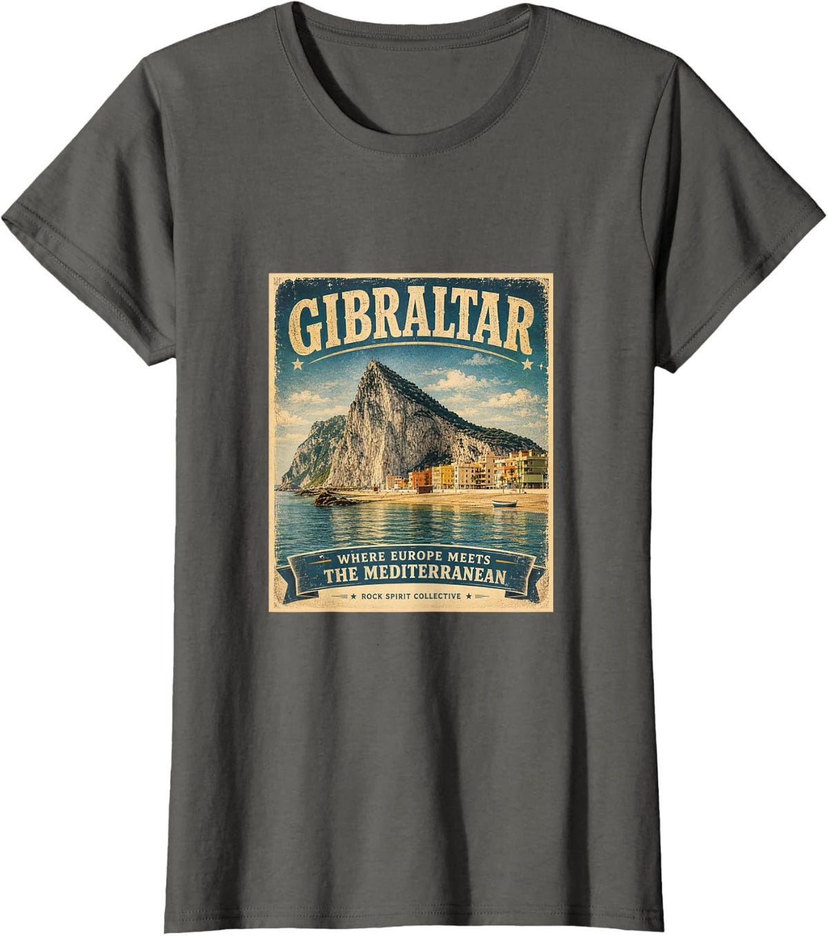 Vintage Travel Poster Rock of Gibraltar Heritage Design T-Shirt - Asphalt Grey