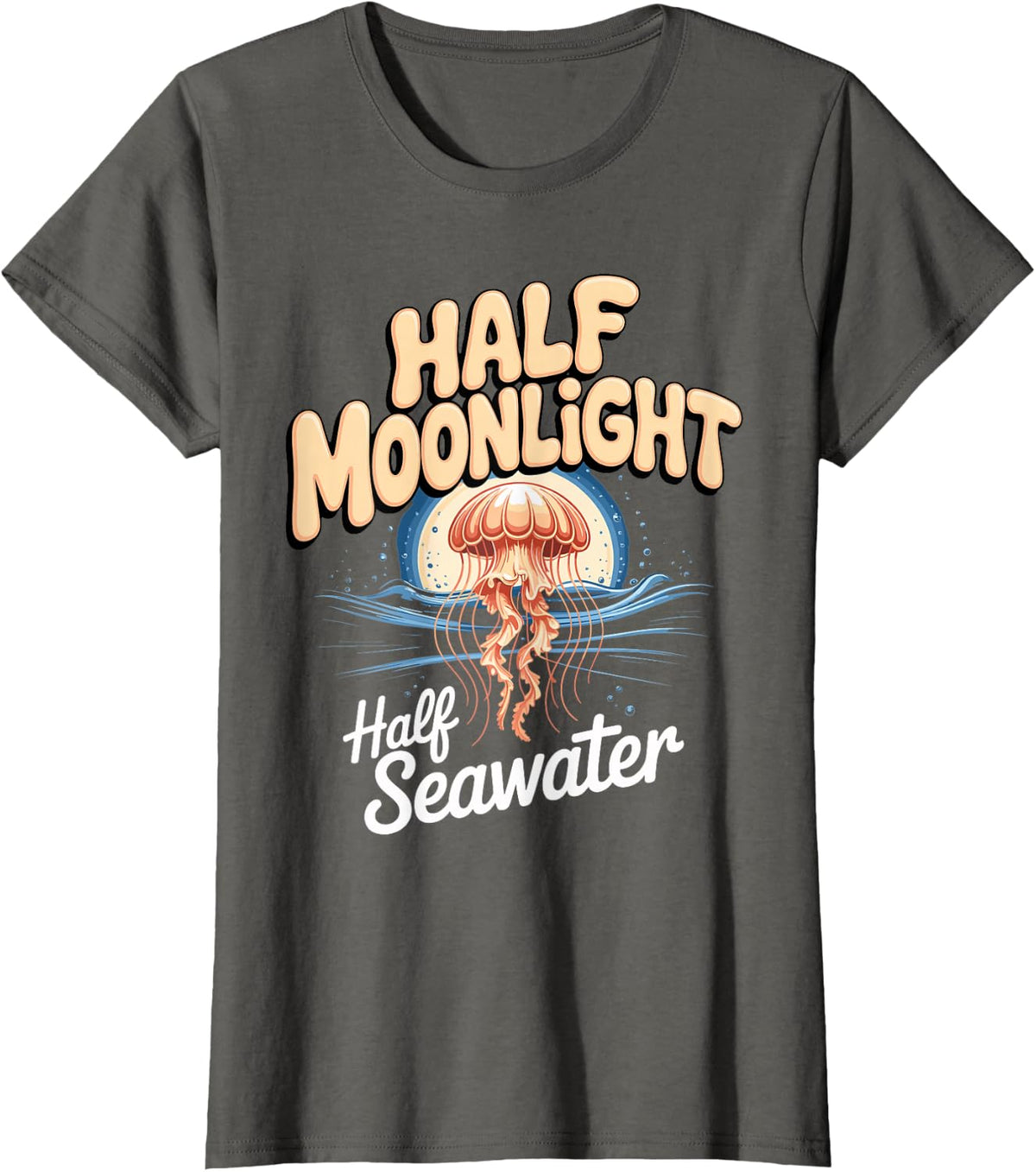 Half Moonlight Half Seawater Moon Jellyfish Ocean Marine T-Shirt - Asphalt Grey
