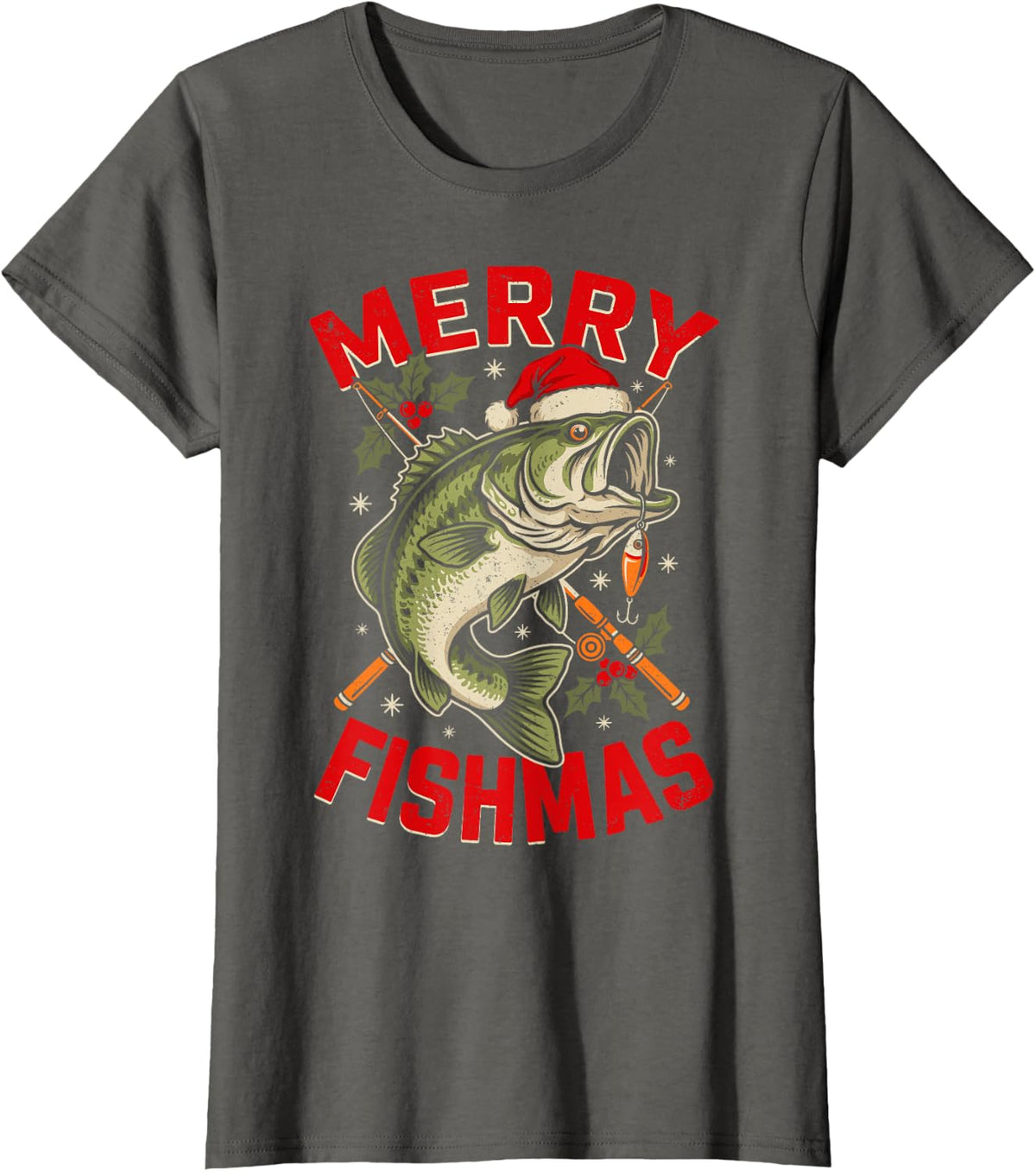 Merry Fishmas Bass Fish Santa Angler Christmas T-Shirt - Asphalt Grey