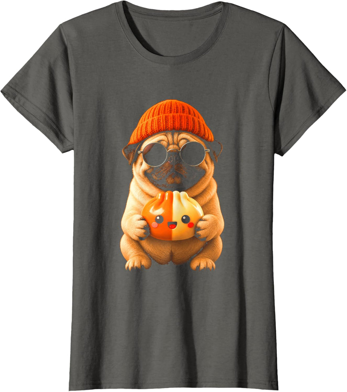 Pug Dog Dumpling Beanie Sunglasses Fall Halloween T-Shirt - Asphalt Grey