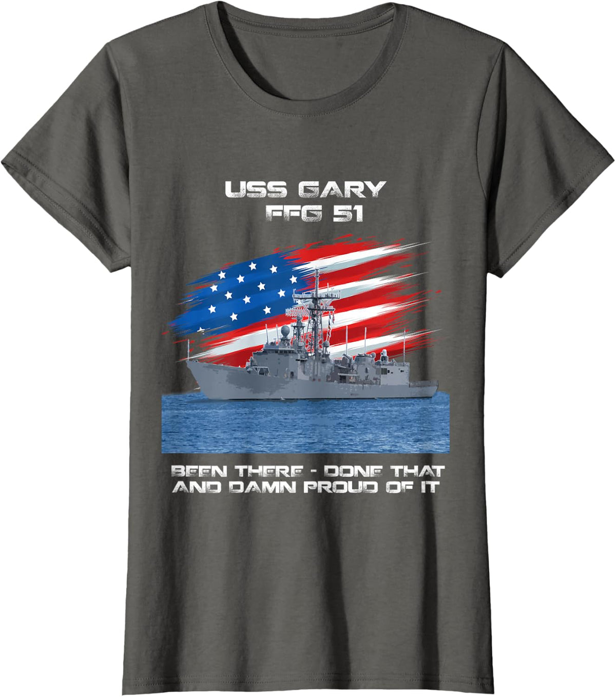 USS Gary FFG-51 Class Frigate American Flag Veteran T-Shirt - Asphalt Grey