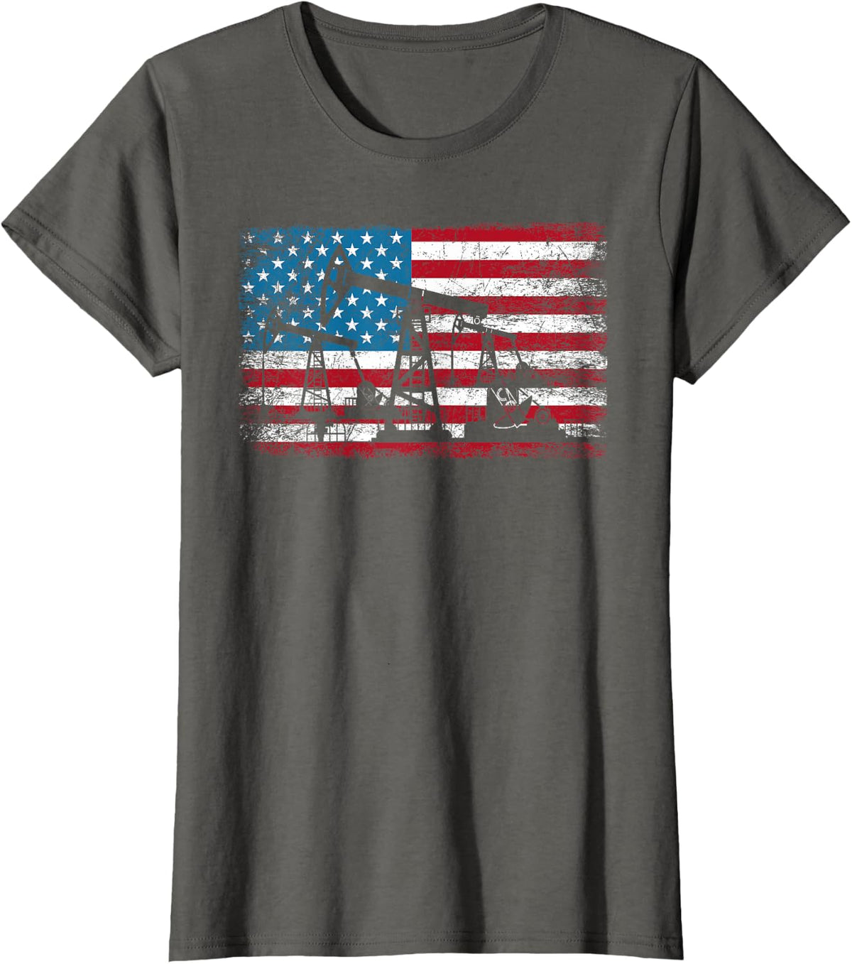 American Flag Oil Rig Drilling Roughnecks Oilfield Worker T-Shirt - Asphalt Grey
