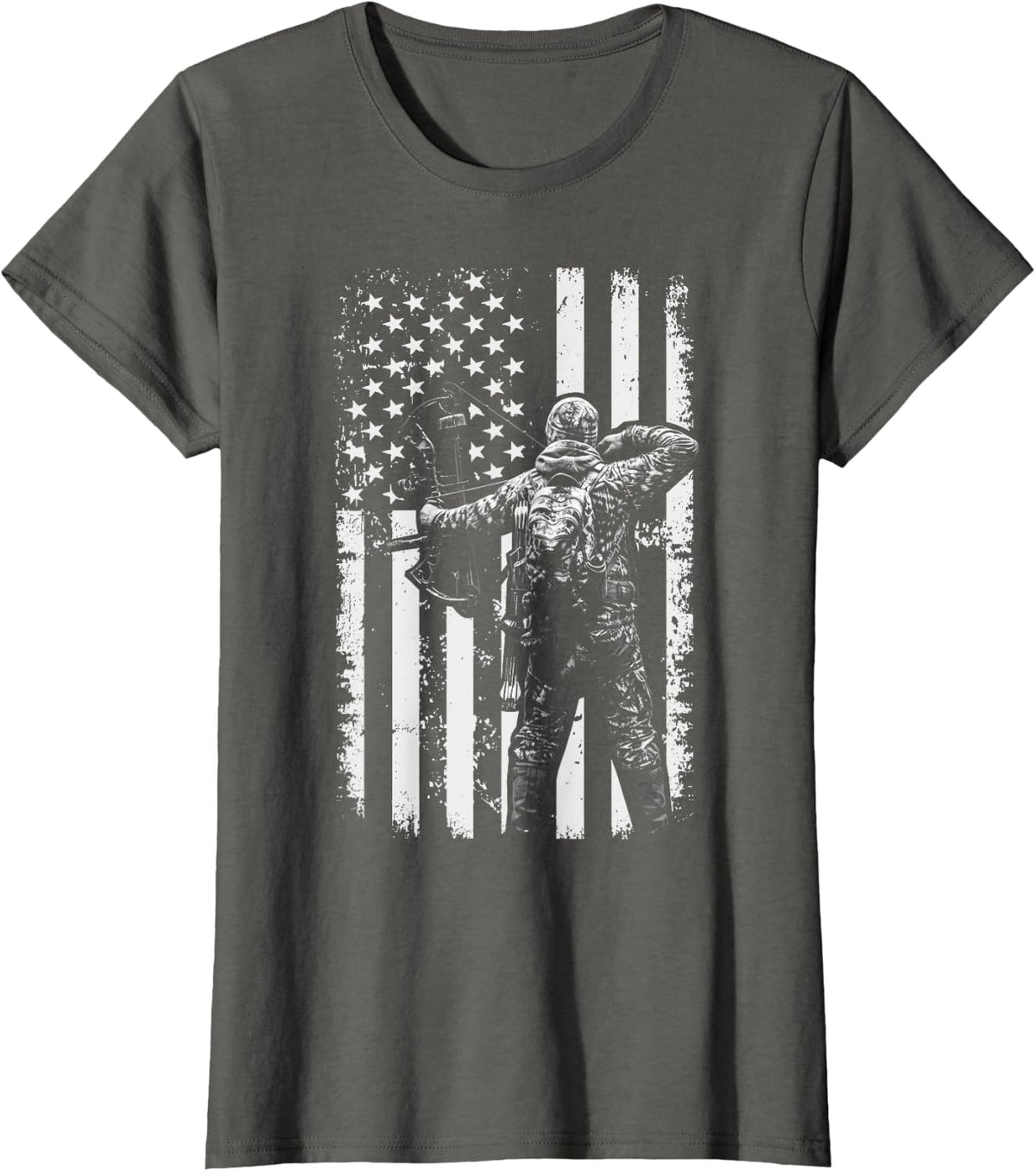 Bowhunting American Flag Deer Hunting Patriotic Bow Hunter T-Shirt - Asphalt Grey