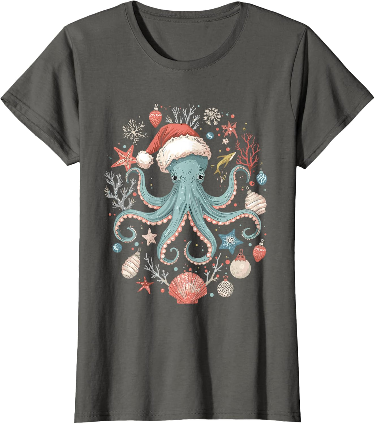 Octopus Glasses Santa Hat Xmas Christmas Light Ocean Animal T-Shirt - Asphalt Grey