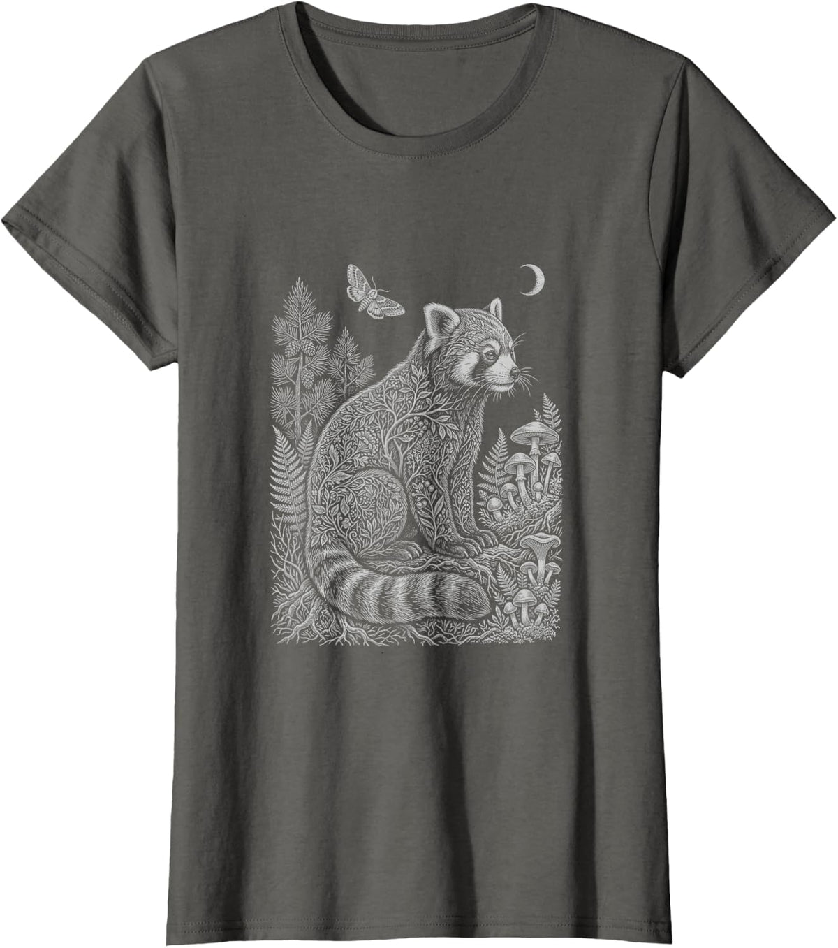 Red Panda Forest Mystical Spirit Moon Floral T-Shirt - Asphalt Grey