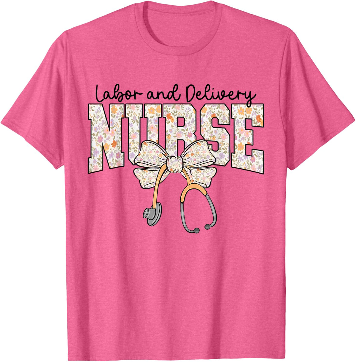 Labor and Delivery Nurse Stethoscope Coquette Bow Graduation Tee T-Shirt - Pink Heather