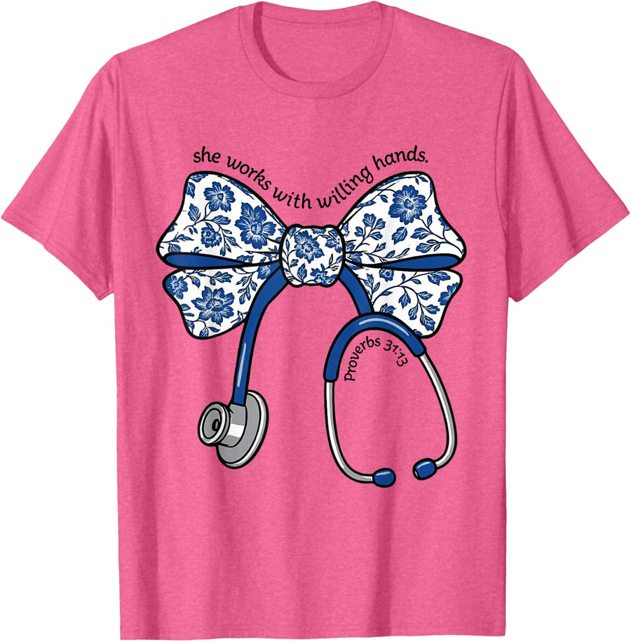 She Works with Willing Hands Nurse Tee Shirt for Women Men Nursing T Shirts Healthcare Worker Tees - Pink Heather
