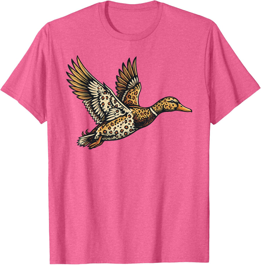 Vintage Leopard Flying Duck Mallard Country Hunting T-Shirt - Pink Heather