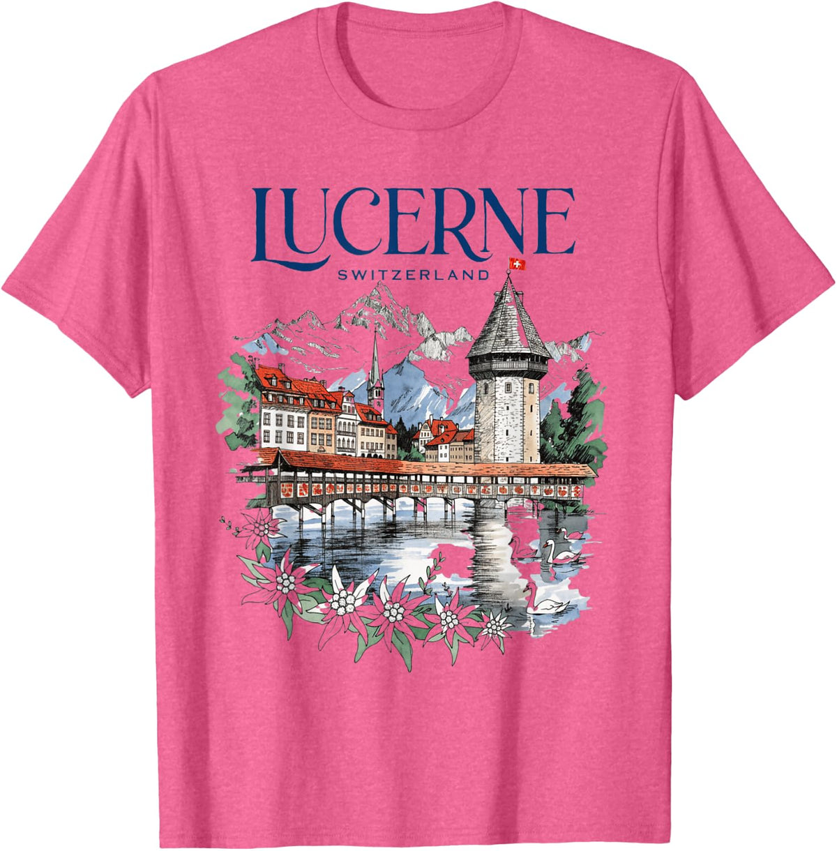 Lucerne Switzerland Vintage Chapel Bridge Art Swiss Alp T-Shirt - Pink Heather