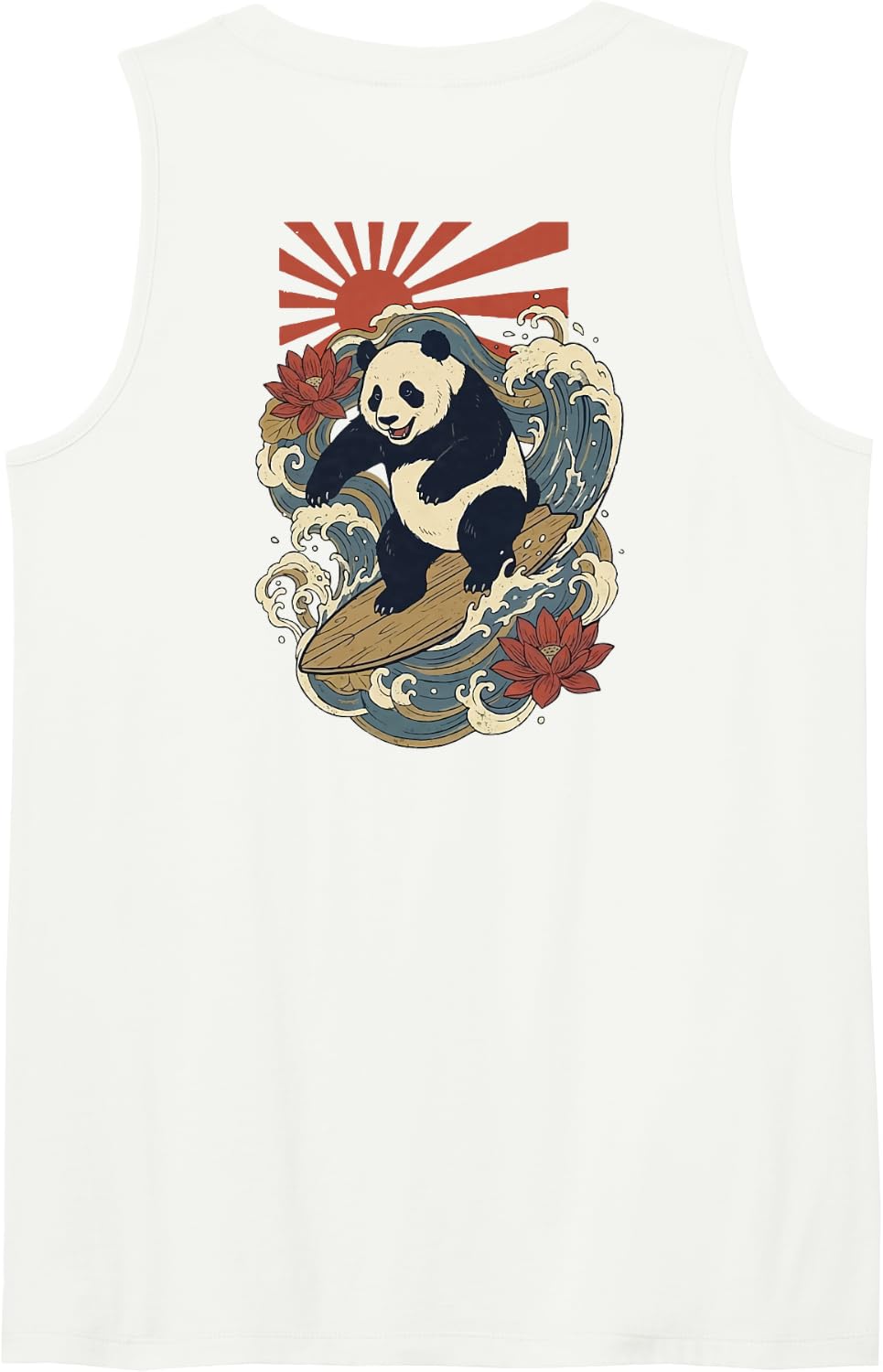 Panda Surfing Wave Japanese (On Back) Sleeveless Tank Top - White