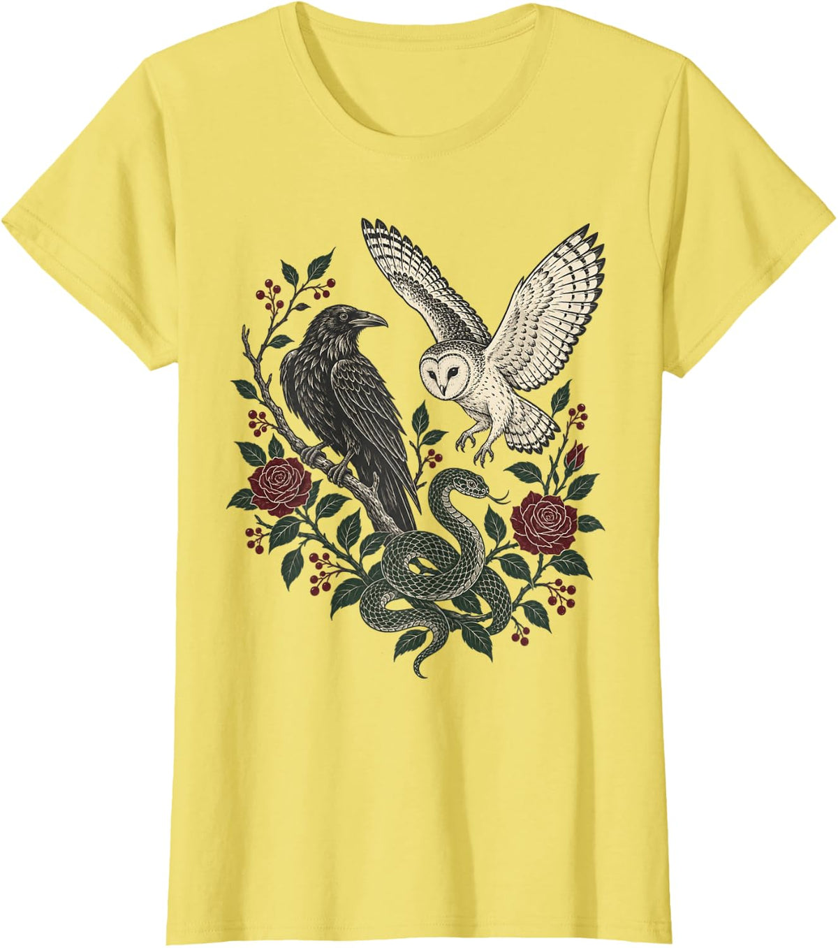 Gothic Raven Owl Snake Botanical Dark Academia T-Shirt - Lemon Yellow