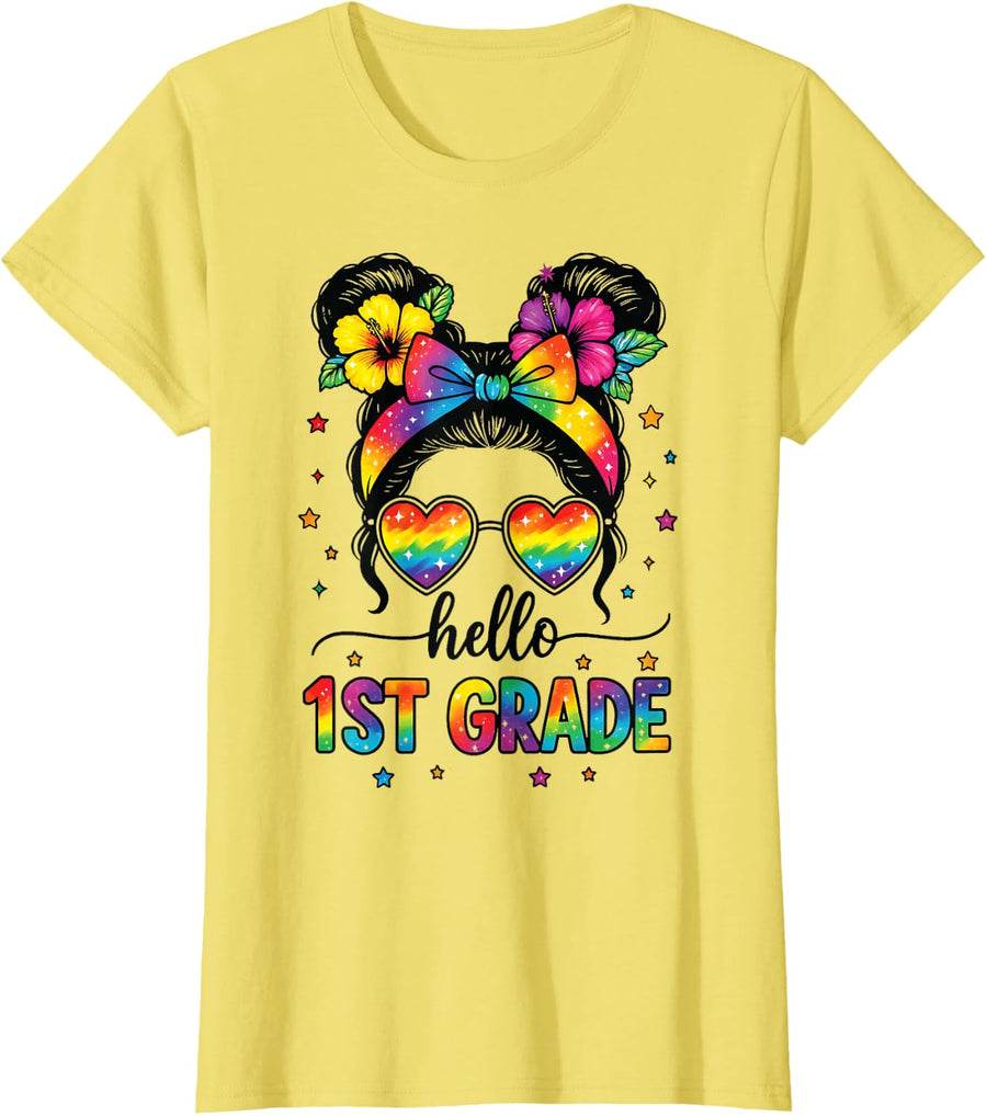 Hello 1st Grade Messy Bun First Day of School Teacher Kids T-Shirt - Lemon Yellow