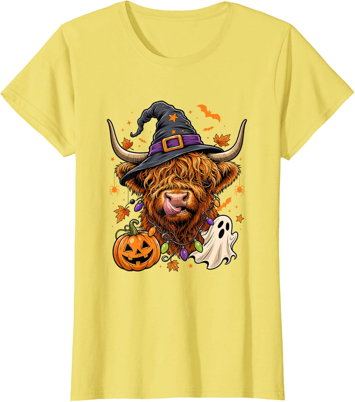Halloween Highland Cow Witch Hat Pumpkin Ghost T-Shirt - Lemon Yellow