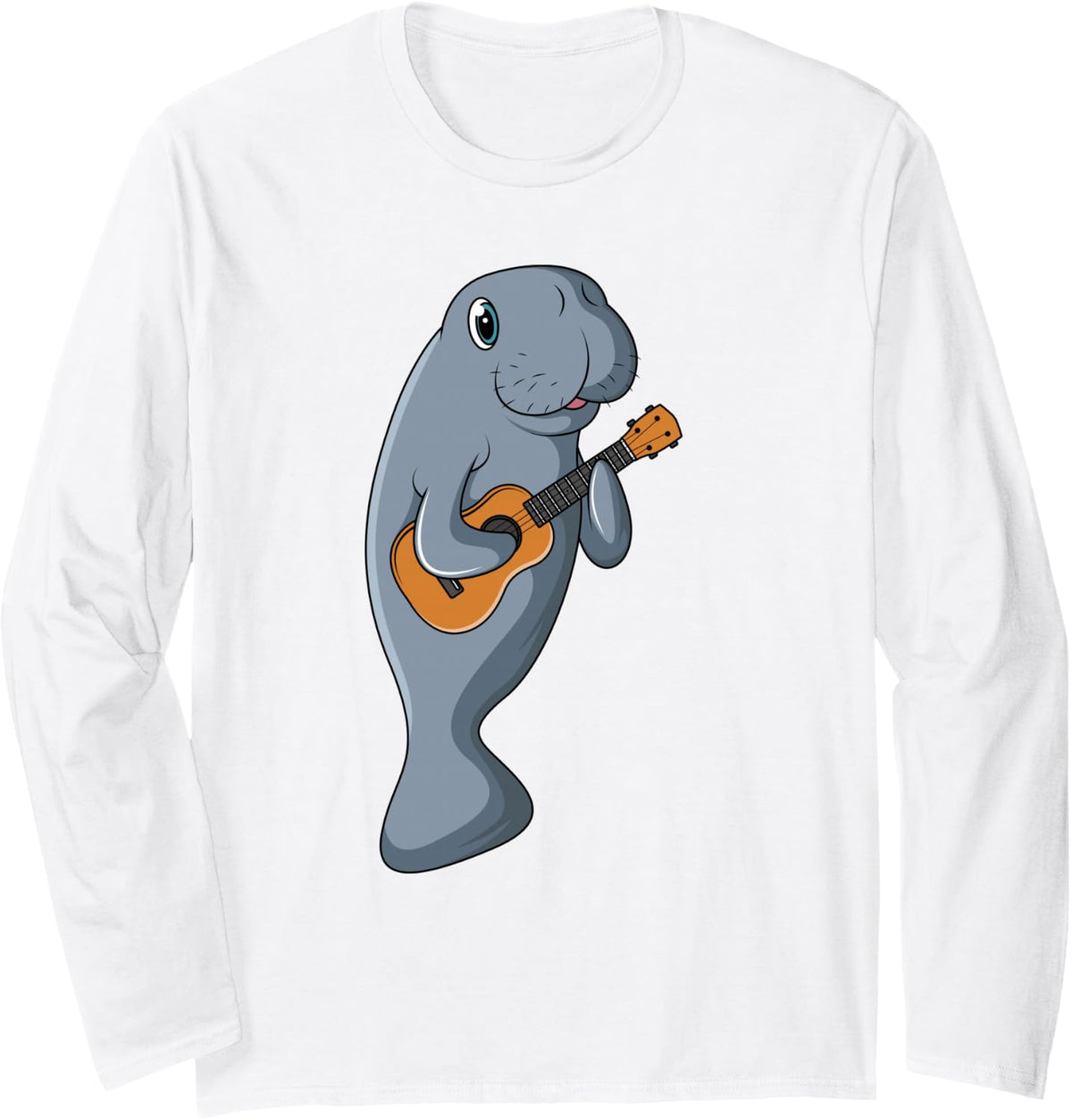 Cute Manatee Playing Teal Ukulele Guitar Long Sleeve T-Shirt - Adult Unisex White