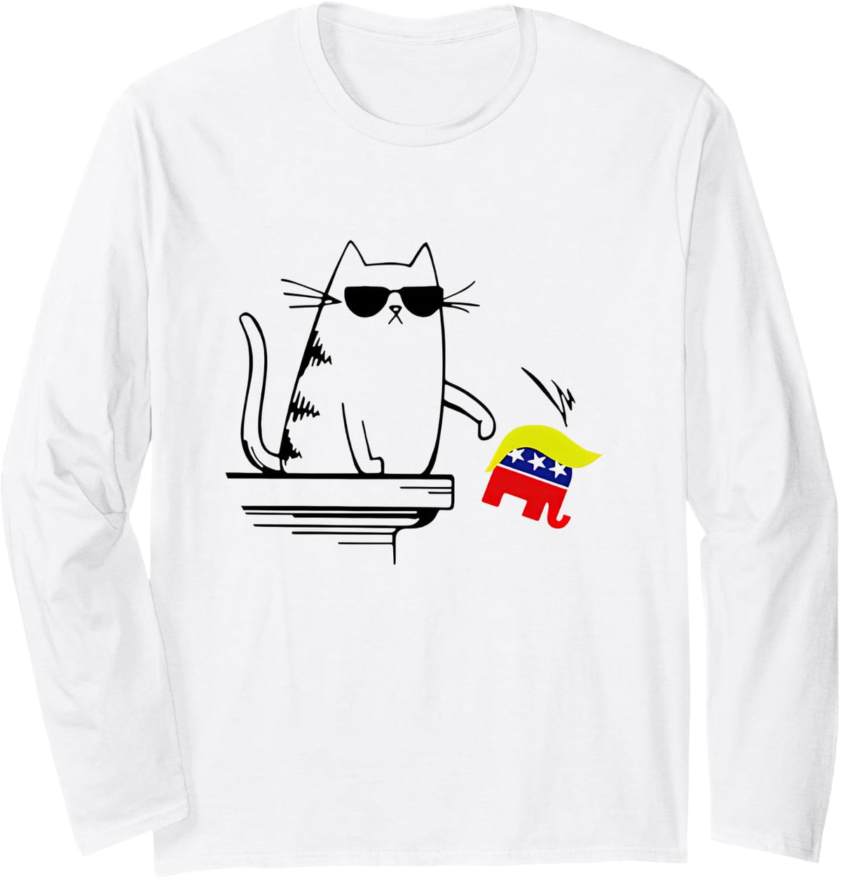 Cool Cat Knock Over Elephant with Trump Hair Funny Kamala Long Sleeve T-Shirt - Adult Unisex White