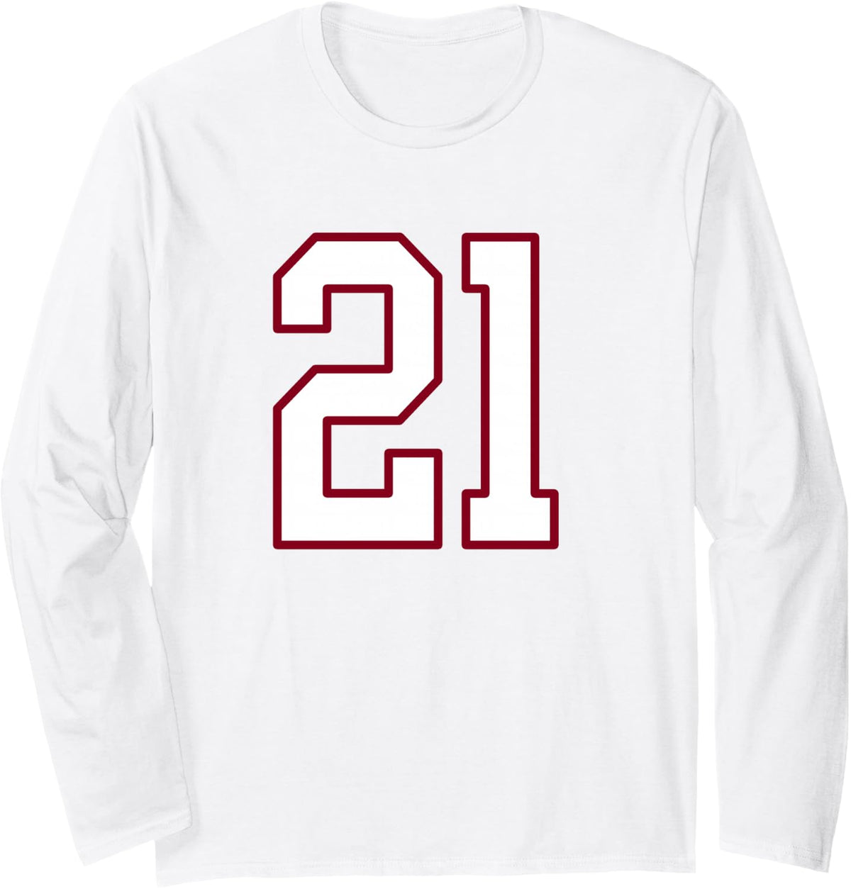 Maroon and White Number 21 Jersey Player Uniform #21 Long Sleeve T-Shirt - Adult Unisex White